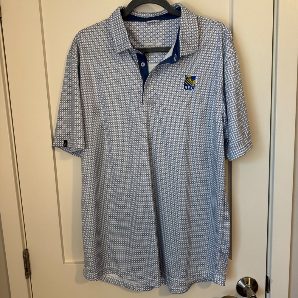 Swannies Mens XL Golf Polo Shirt Blue White Geometric Tile Print RBC Logo XLARGE